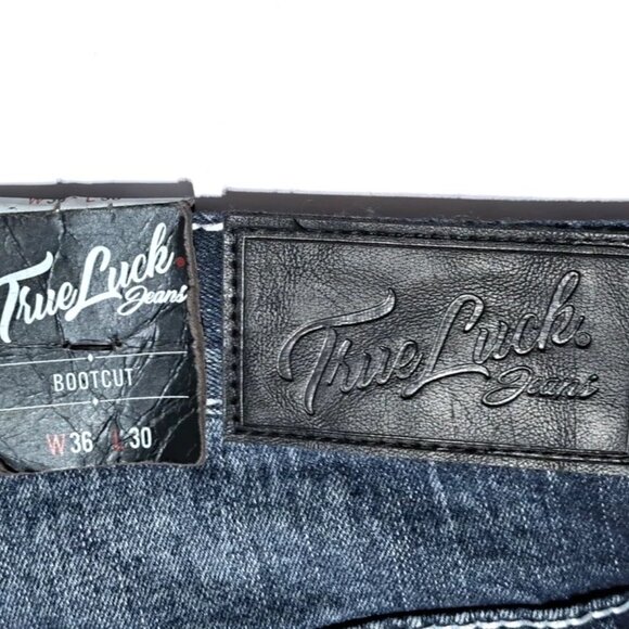 NEW True Luck Jeans Men's 36 X30 Bootcut Classic Stretch Thick Stitch Dark Blast - Picture 9 of 15